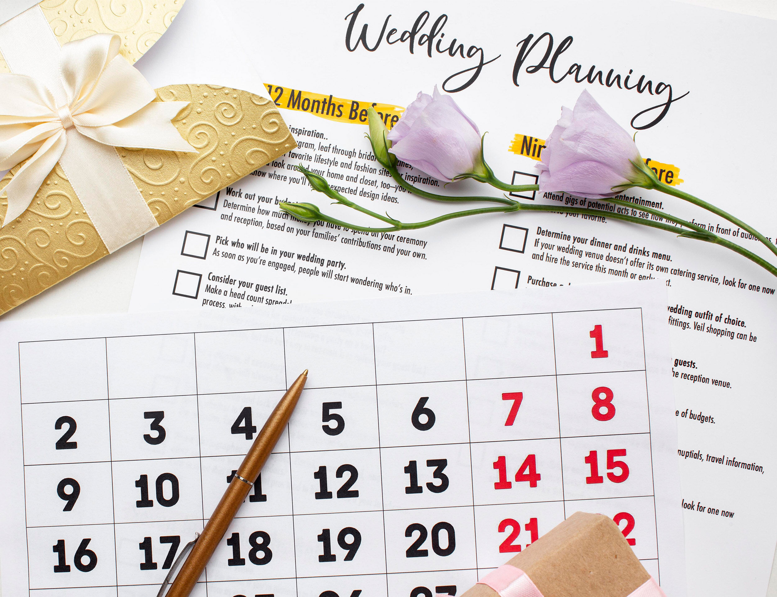 A callender with bridal planning checklist for stress free wedding
